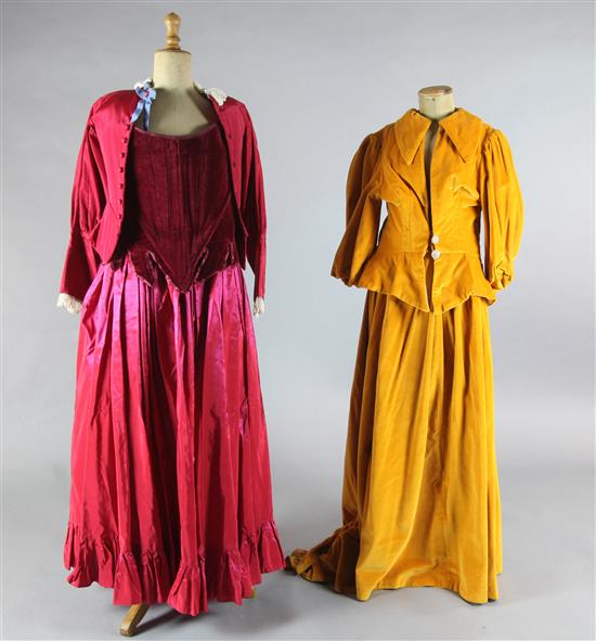 La Bohème: A rail with a mustard velvet bodice and skirt, rust coloured embroidered bodices and skirts, coats and